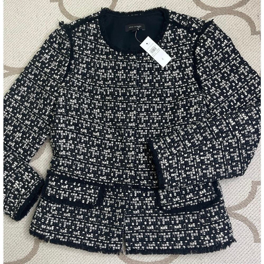Ann Taylor Black White Checkered Tweed Blazer Suit Jacket Size 4 NWT